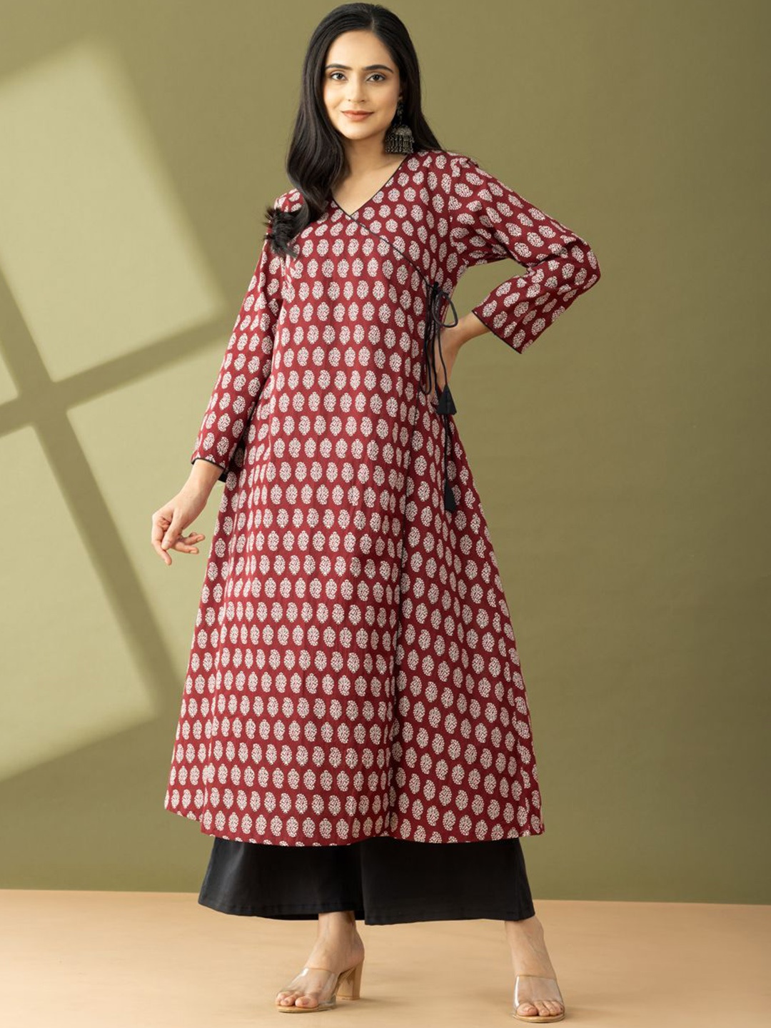 

HANDIKART Floral Ajrakh Printed V-Neck Angrakha Cambric Cotton Anarkali Kurta With Palazzo, Maroon