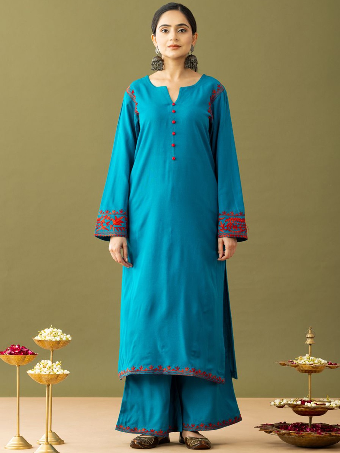 

HANDIKART Embroidered Notch Neck Aari Work Straight Kurta With Palazzos, Teal