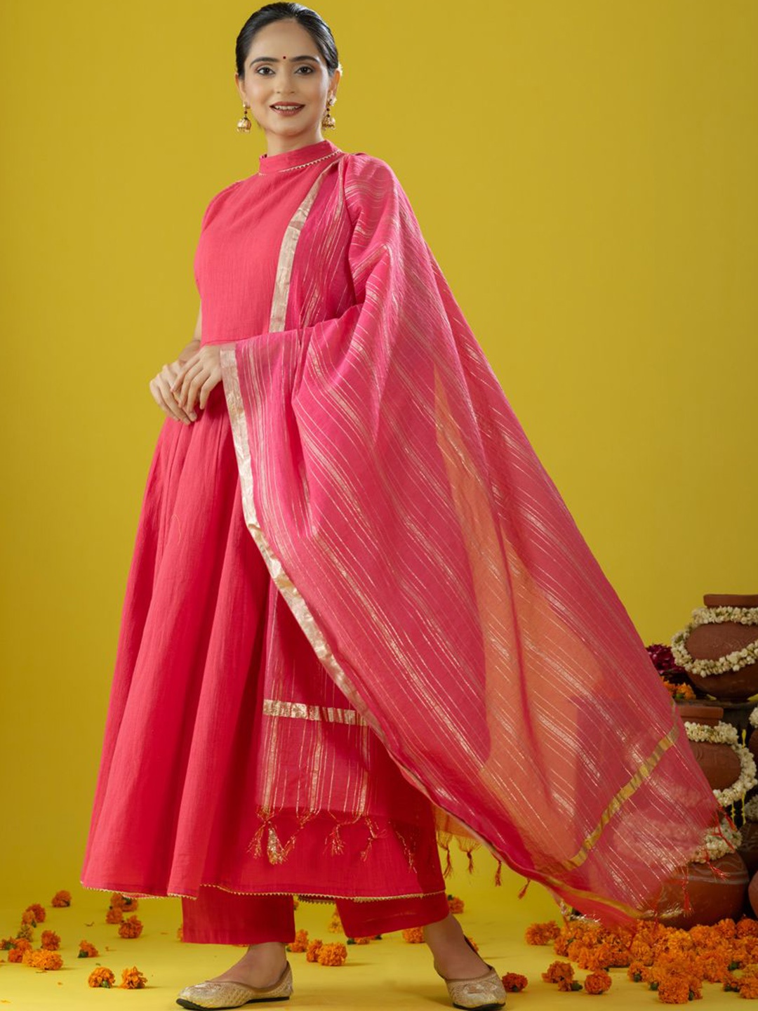 

HANDIKART High Neck Panelled Sleeveless Anarkali Kurta With Trouser & Dupatta, Pink