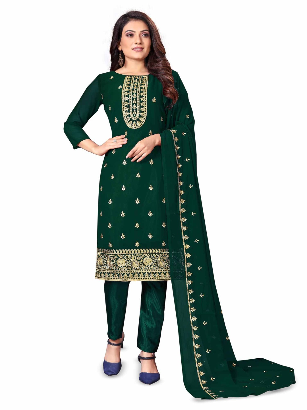 

A TO Z CART Floral Embroidered Unstitched Dress Material, Green