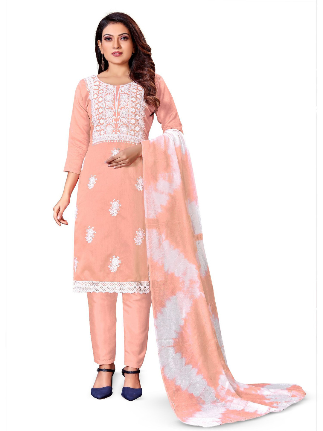 

A TO Z CART Floral Embroidered Unstitched Dress Material, Peach
