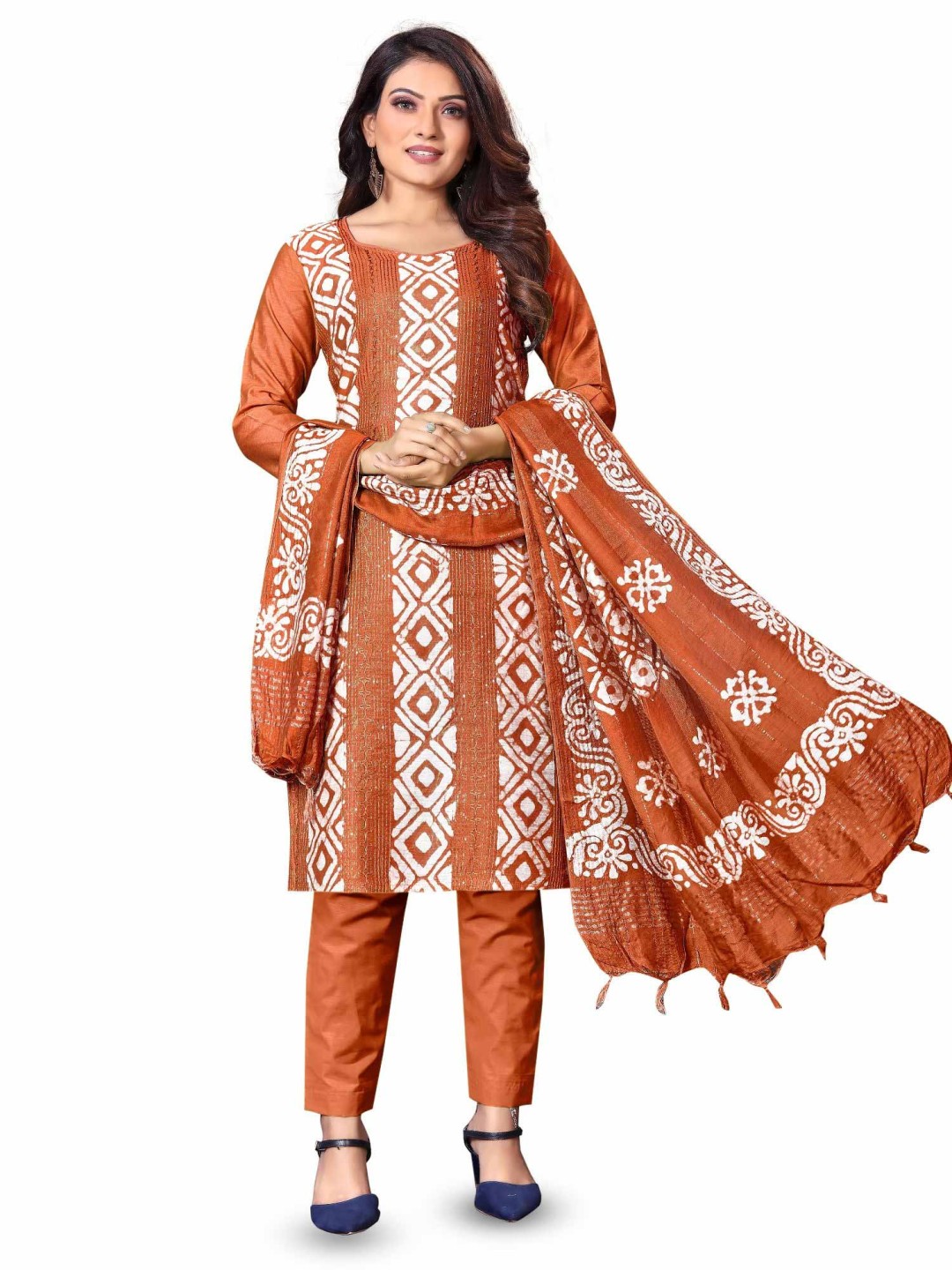 

A TO Z CART Geometric Printed Sequinned Unstitched Dress Material, Orange