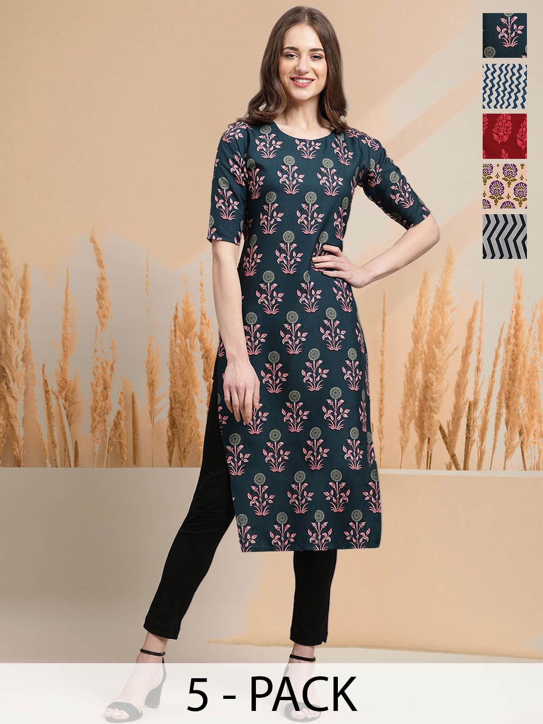 

7Threads Selection Of 5 Floral Printed Round Neck Straight Kurtas, Green