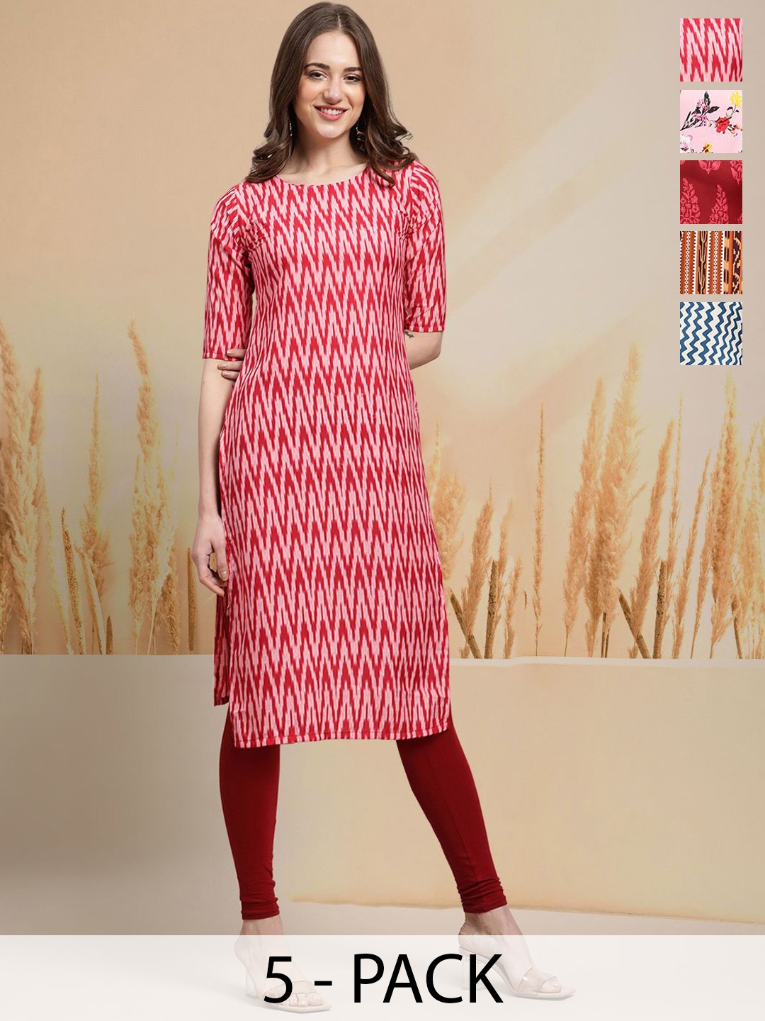 

7Threads Selection Of 5 Chevron Printed Round Neck Kurtas, Pink