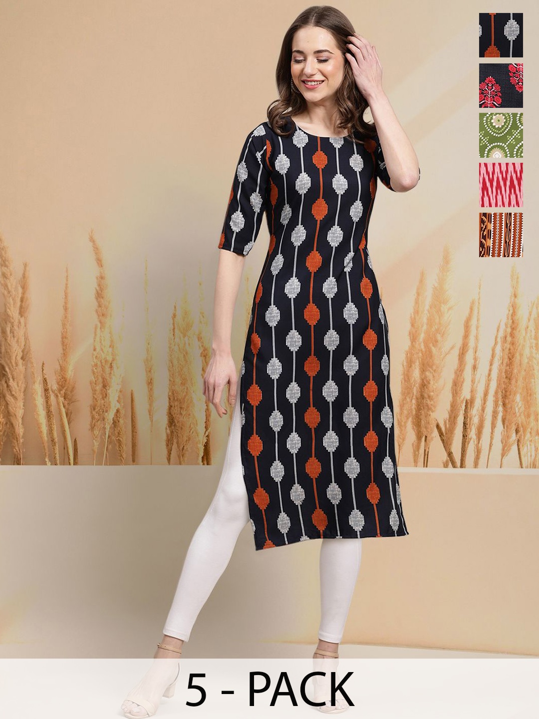 

7Threads Selection of 5 Geometric Printed Round Neck Straight Kurtas, Black