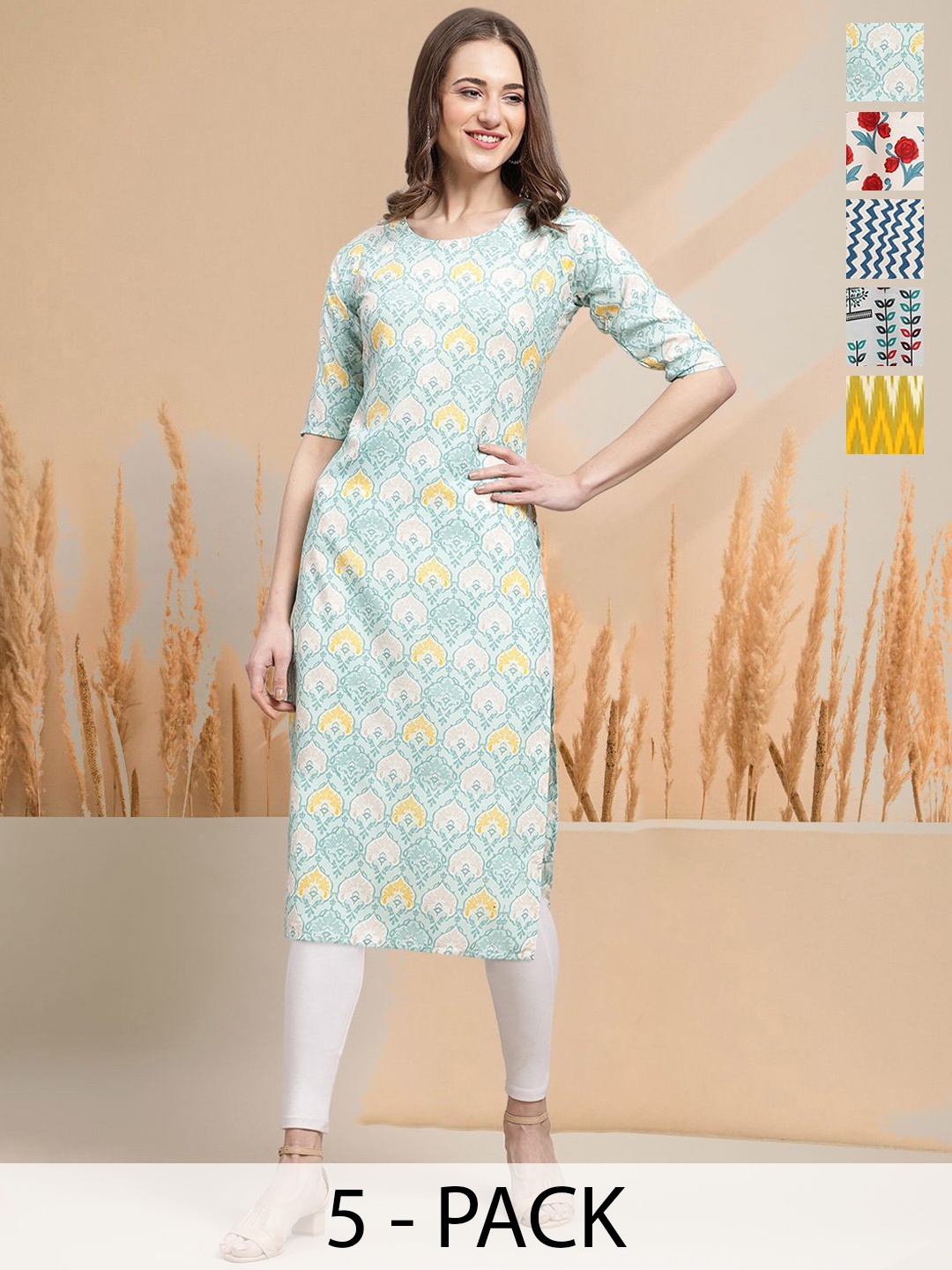 

7Threads Selection of 5 Ethnic Motifs Printed Round Neck Straight Kurtas, Blue