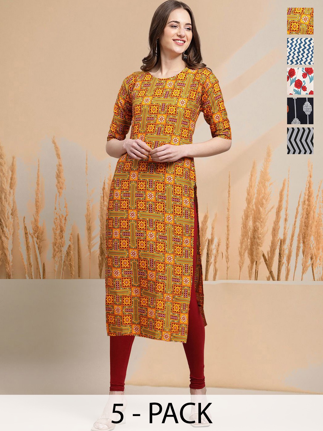 7Threads Selection Of 5 Geometric Printed Round Neck Straight Kurtas, Yellow