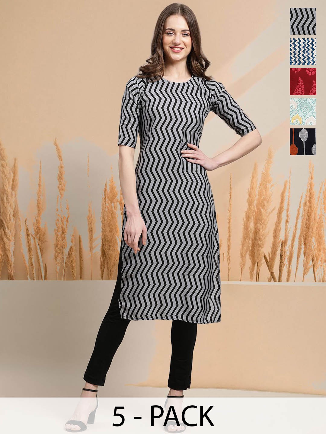 

7Threads Selection of 5 Chevron Printed Round Neck Straight Kurtas, Grey