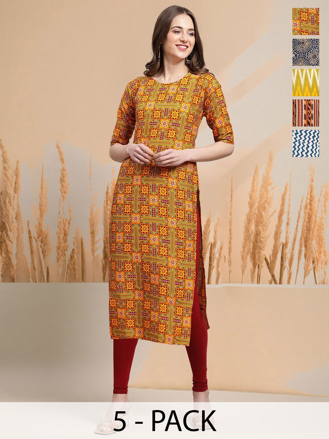 

7Threads Selection of 3 Geometric Printed Round Neck Straight Kurtas, Red