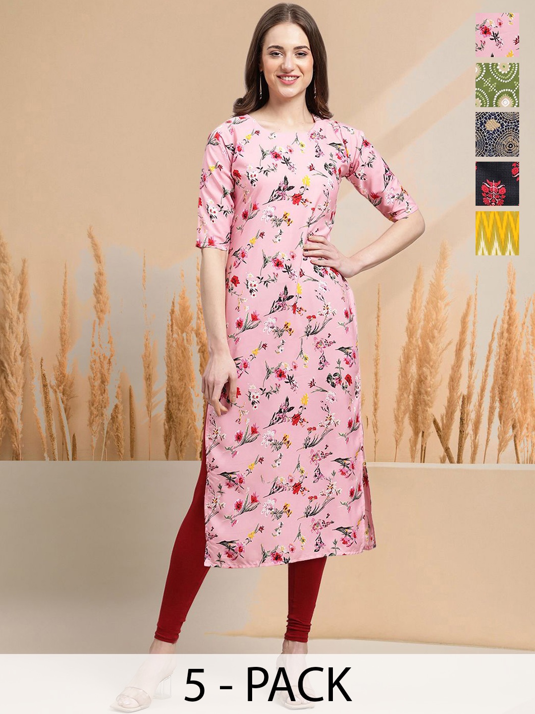 

7Threads Selection of 5 Floral Printed Round Neck Straight Kurtas, Pink