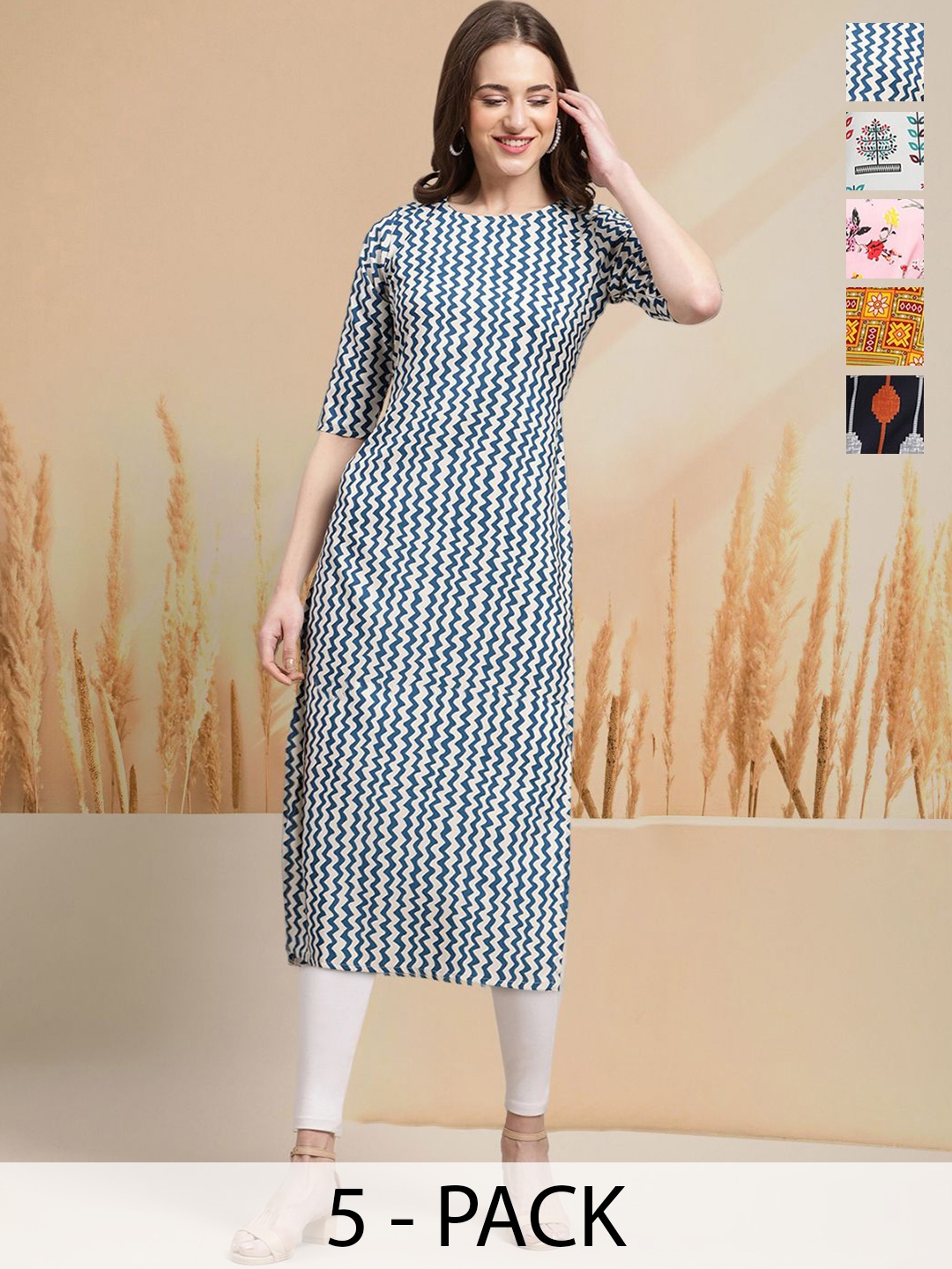

7Threads Selection Of 5 Chevron Printed Round Neck Straight Kurtas, Teal