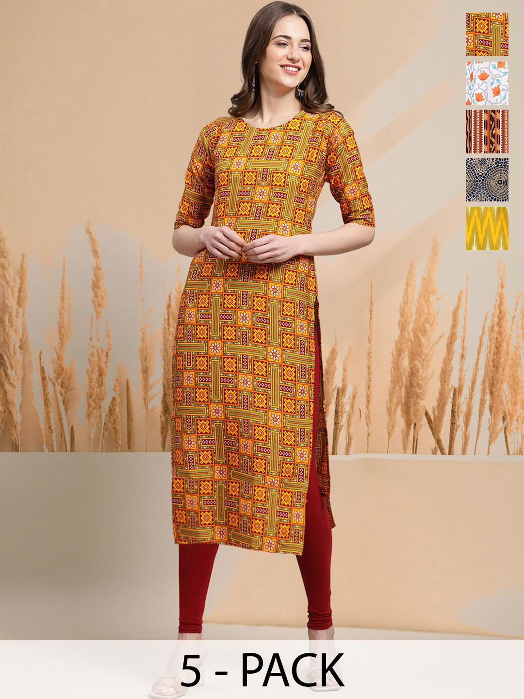 

7Threads Selection of 5 Geometric Printed Round Neck Straight Kurtas, Mustard