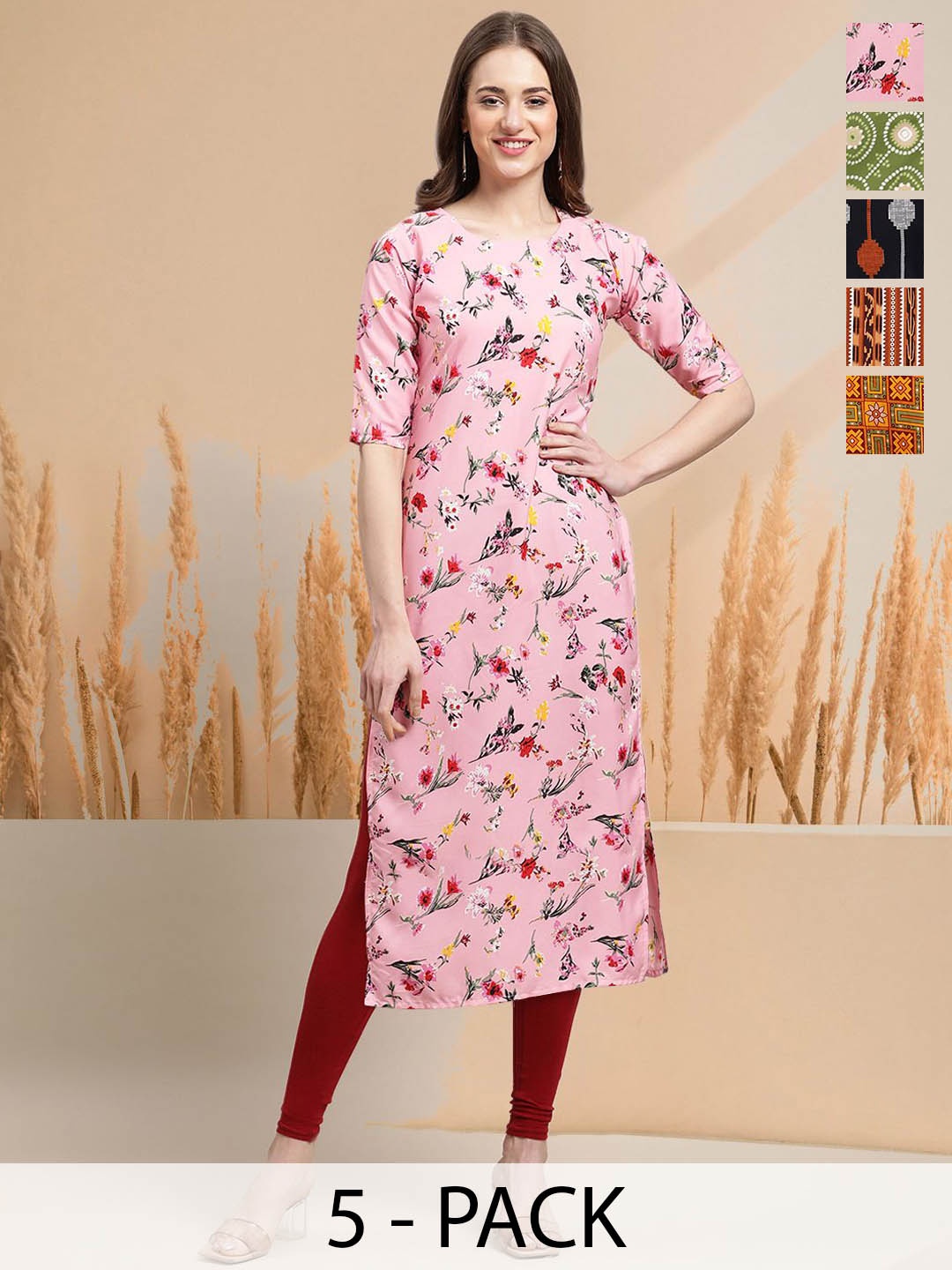 

7Threads Selection Of 5 Floral Printed Round Neck Straight Kurtas, Pink