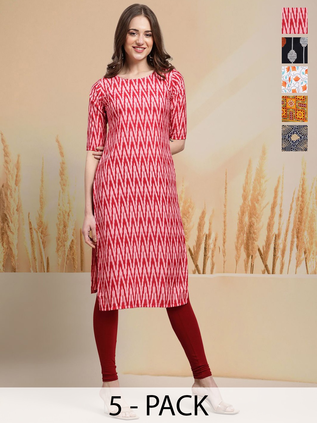 

7Threads Selection Of 5 Chevron Printed Round Neck Kurtas, Pink