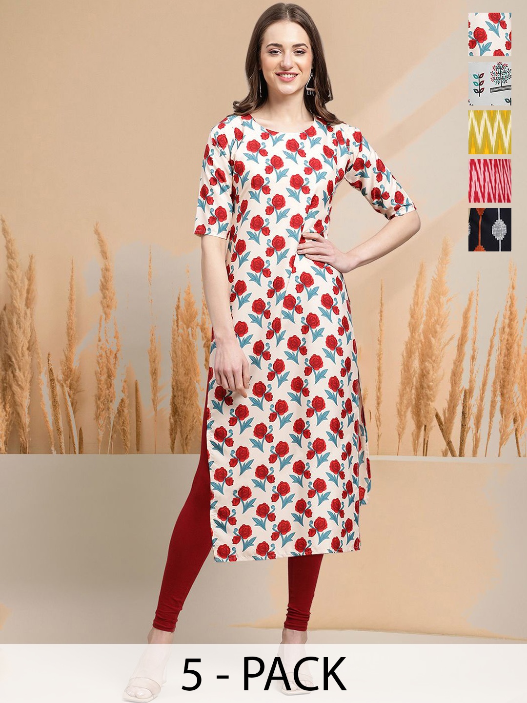 

7Threads Selection Of 5 Floral Printed Round Neck Straight Kurtas, Red