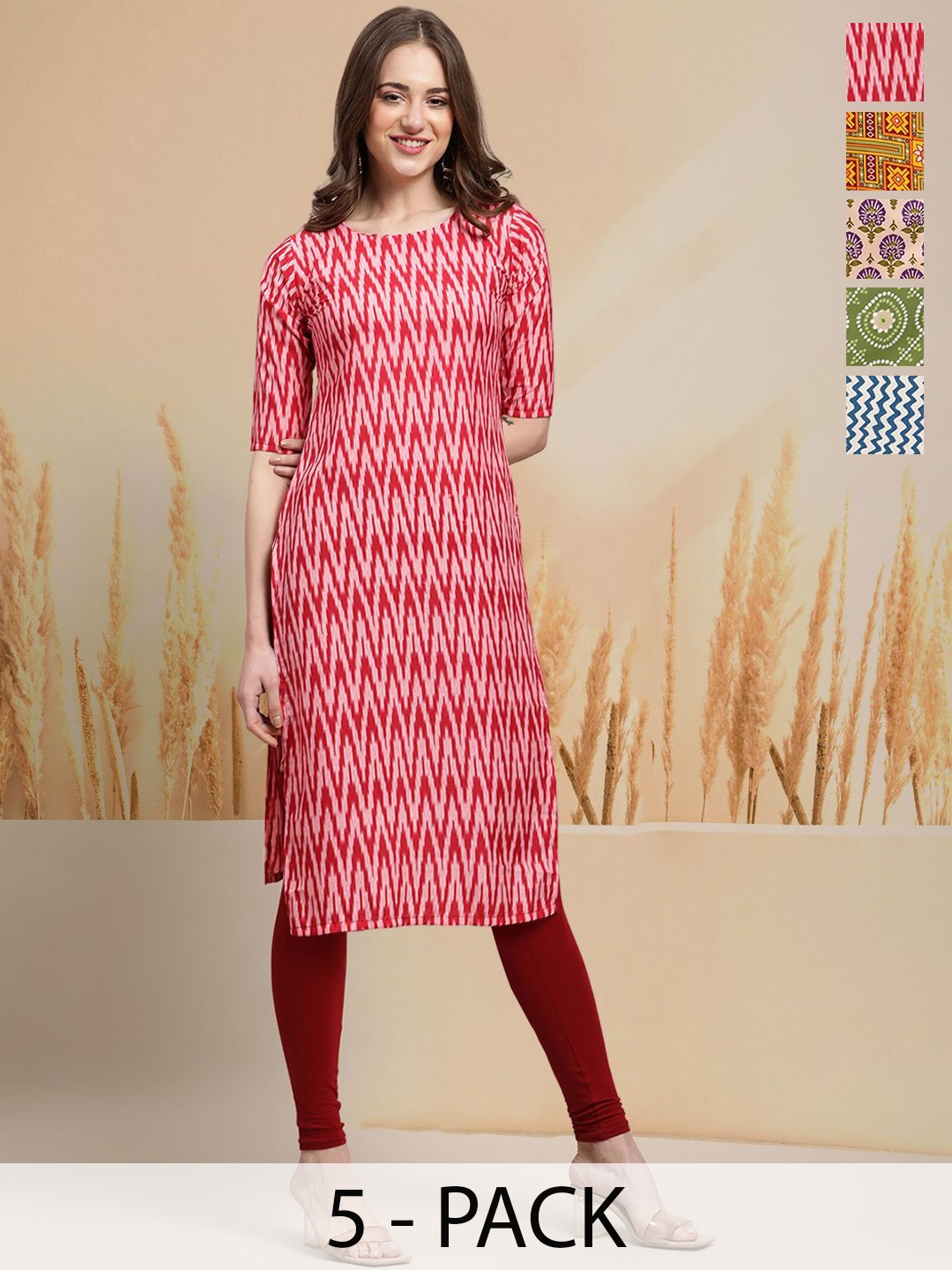 

7Threads Selection of 5 Ethnic Motifs Printed Round Neck Straight Kurtas, Red