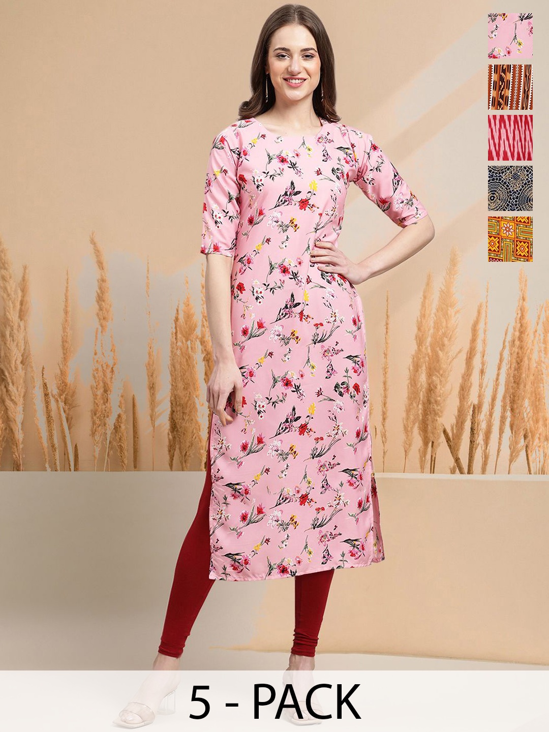 

7Threads Selection Of 5 Floral Printed Round Neck Straight Kurtas, Pink