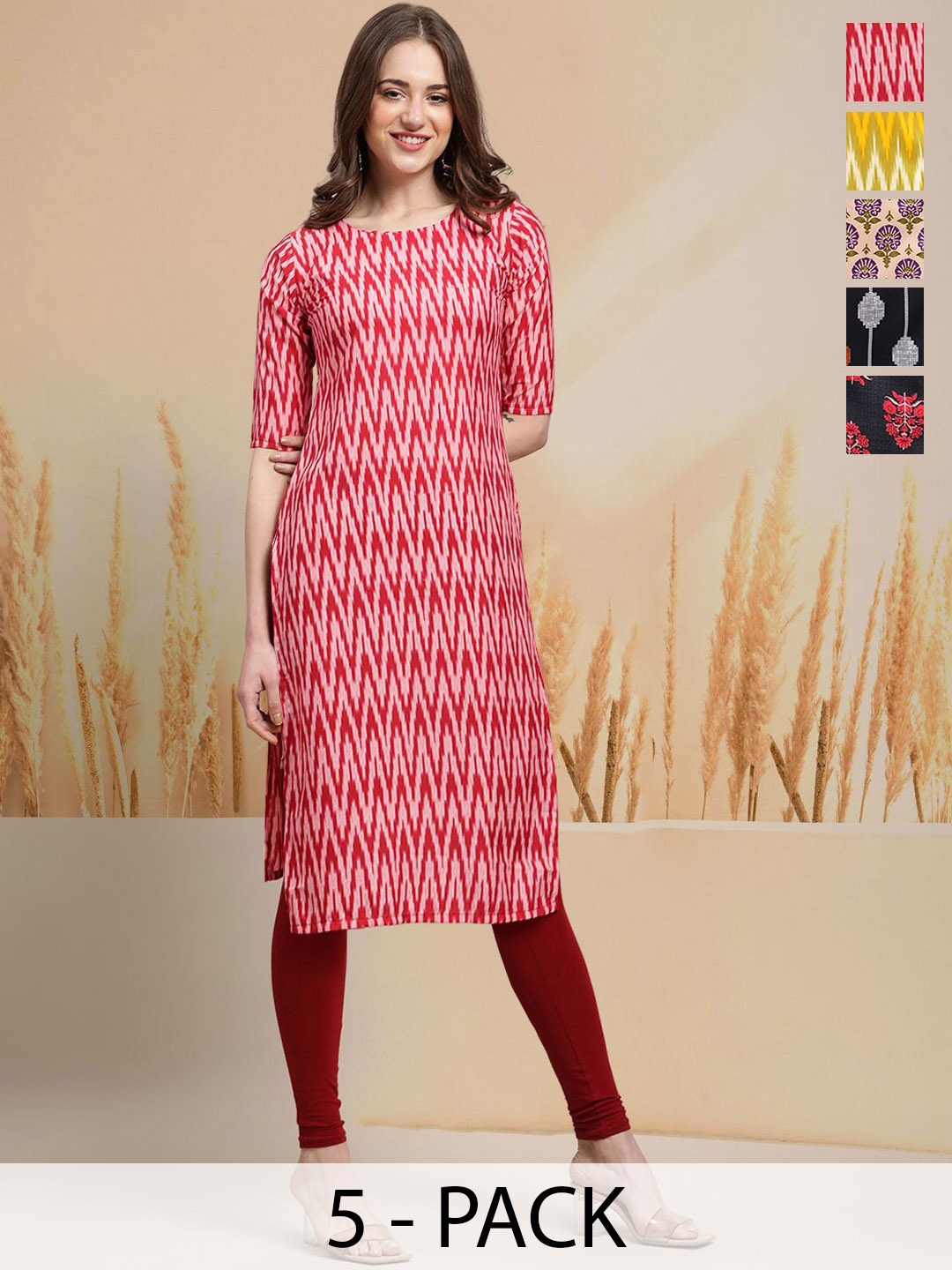 

7Threads Selection Of 5 Chevron Printed Round Neck Straight Kurtas, Red