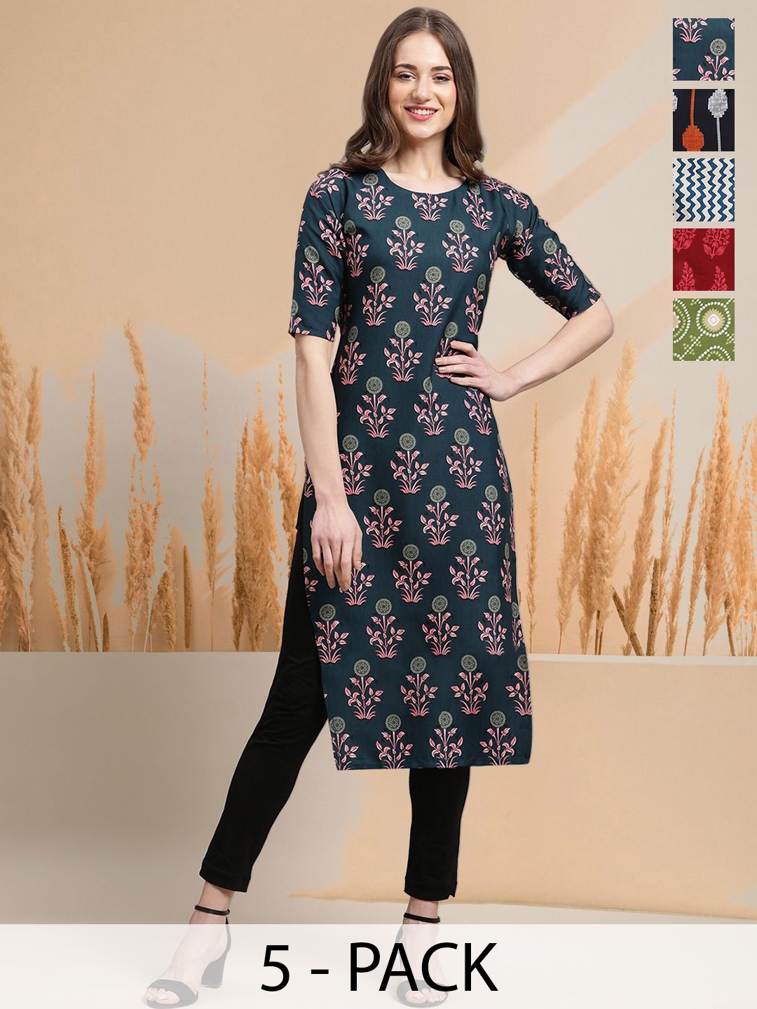 

7Threads Selection of 5 Floral Printed Round Neck Straight Kurtas, Blue