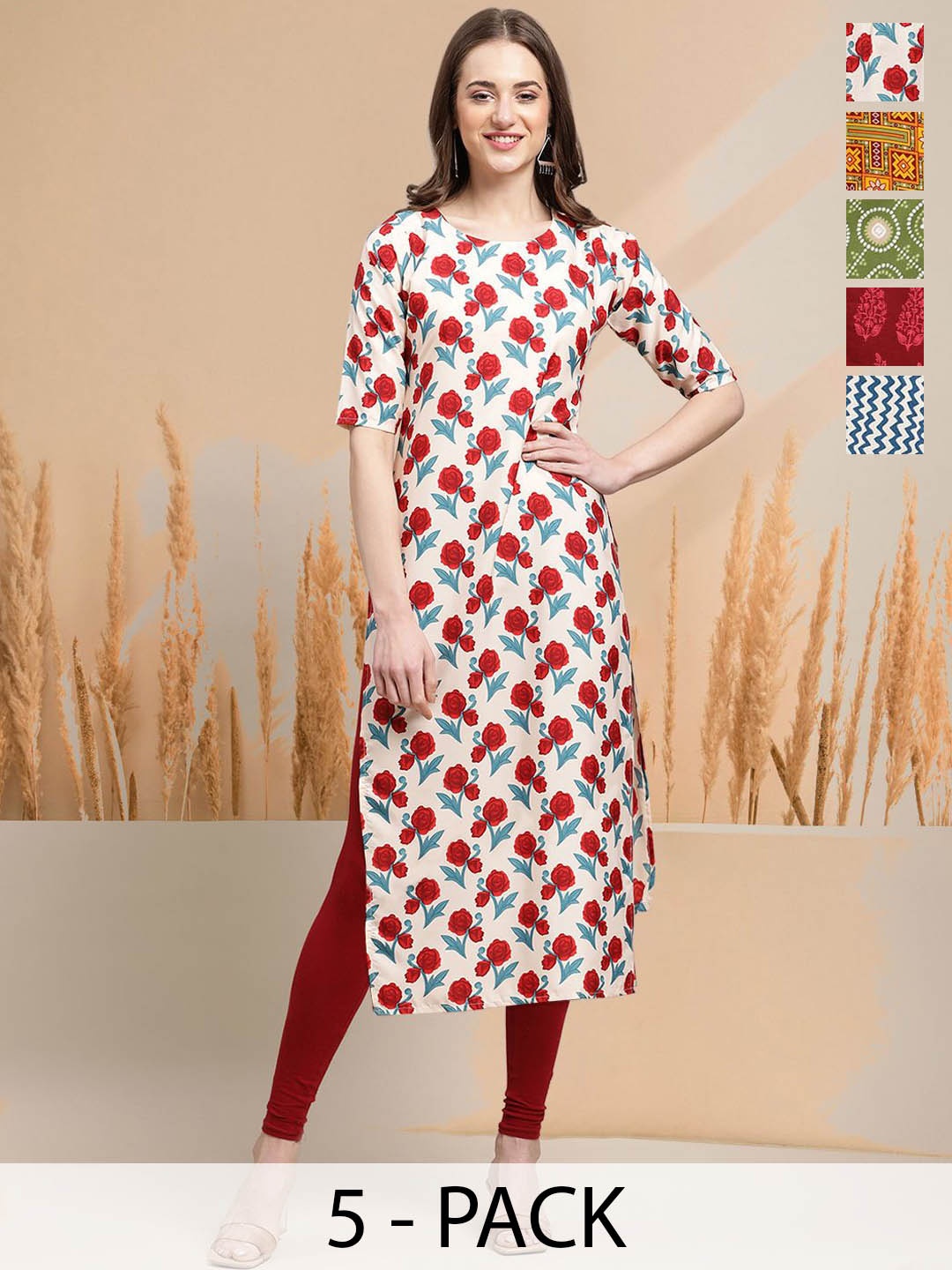 

7Threads Selection Of 5 Floral Printed Round Neck Straight Kurtas, Peach