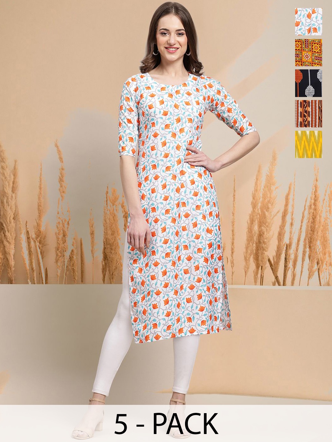 

7Threads Selection Of 5 Floral Printed Round Neck Straight Kurtas, White