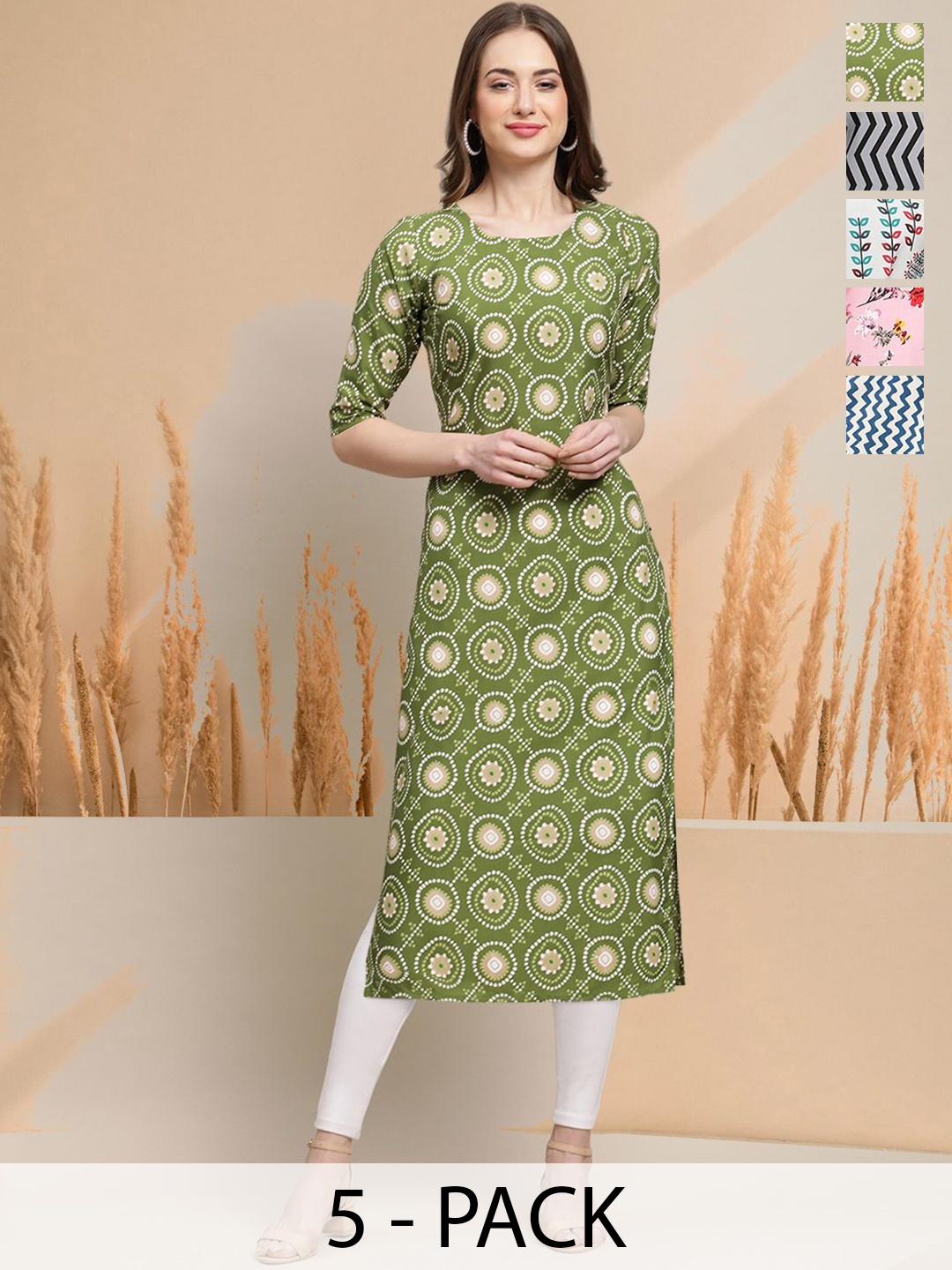 

7Threads Selection of 5 Geometric Printed Round Neck Straight Kurtas, Green