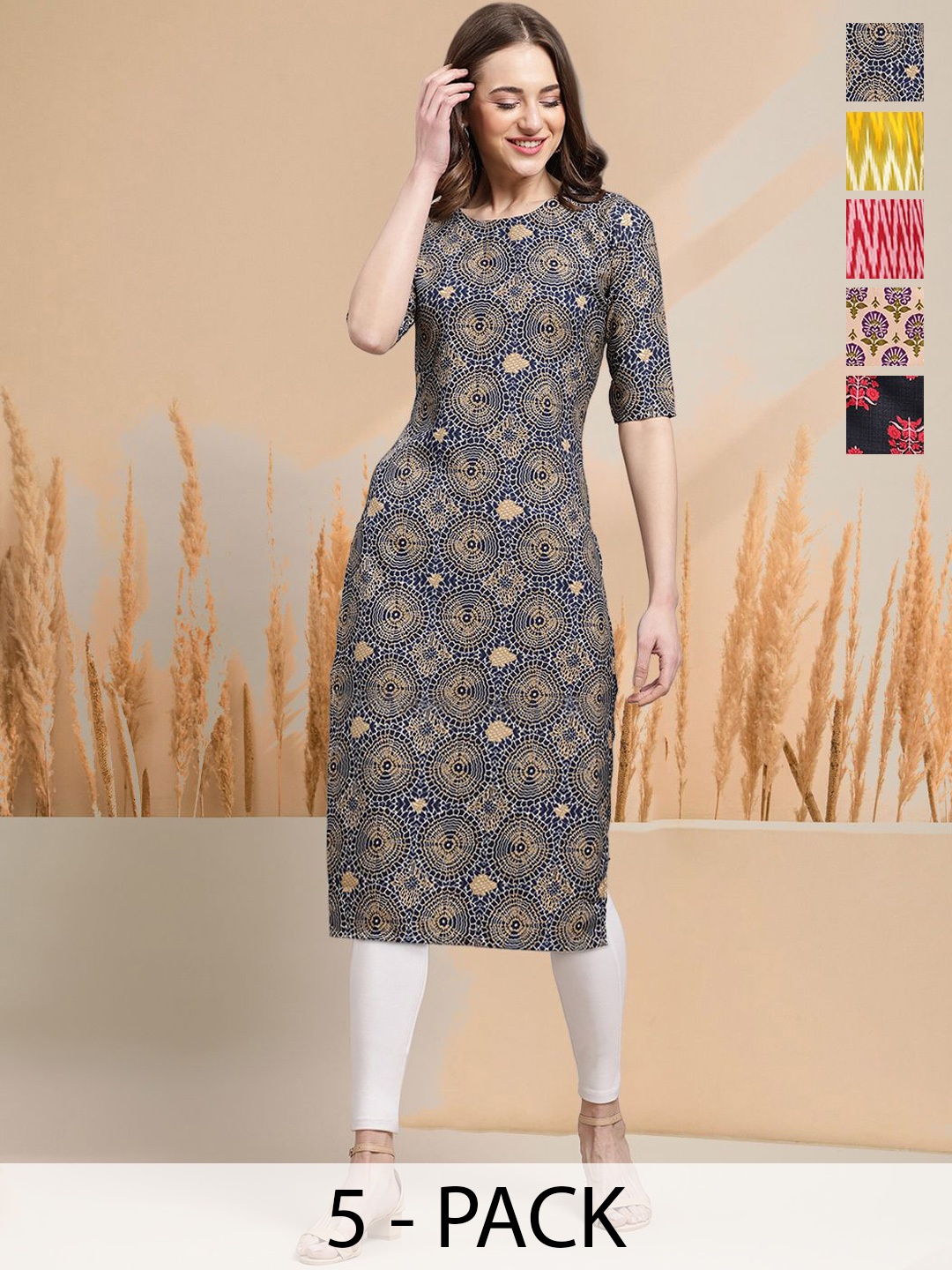 

7Threads Selection Of 5 Ethnic Motifs Printed Round Neck Straight Kurtas, Navy blue