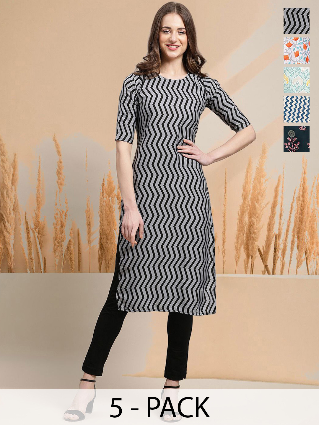 

7Threads Selection Of 5 Chevron Printed Round Neck Straight Kurtas, Black