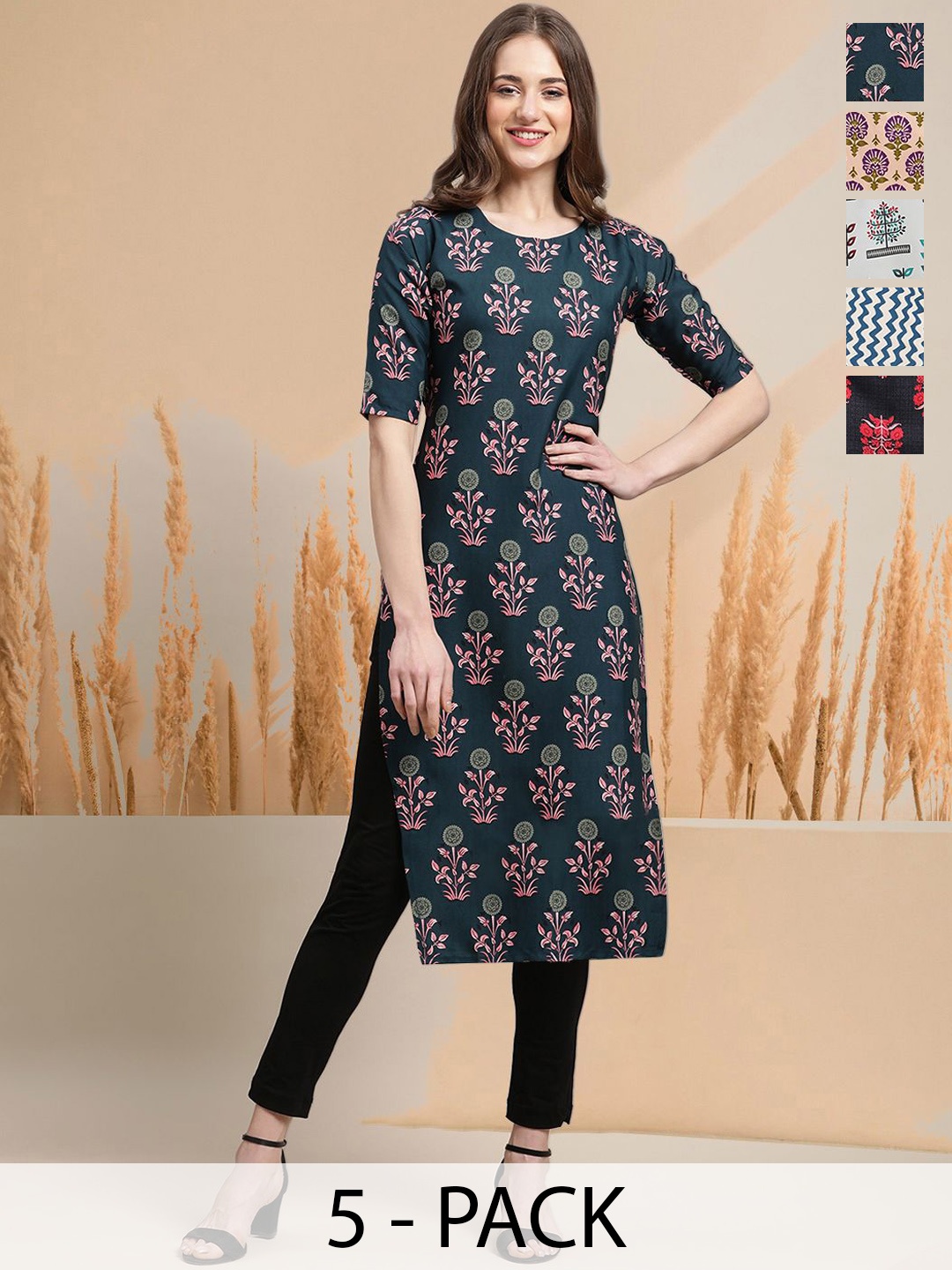 

7ThreadsSelection of 5 Floral Printed Round Neck Straight Kurtas, Blue