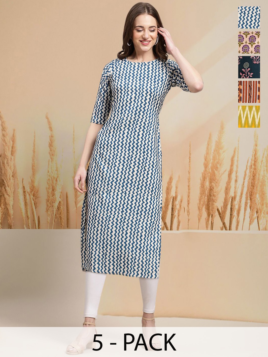

7Threads Selection Of 5 Geometric Printed Round Neck Straight Kurtas, White