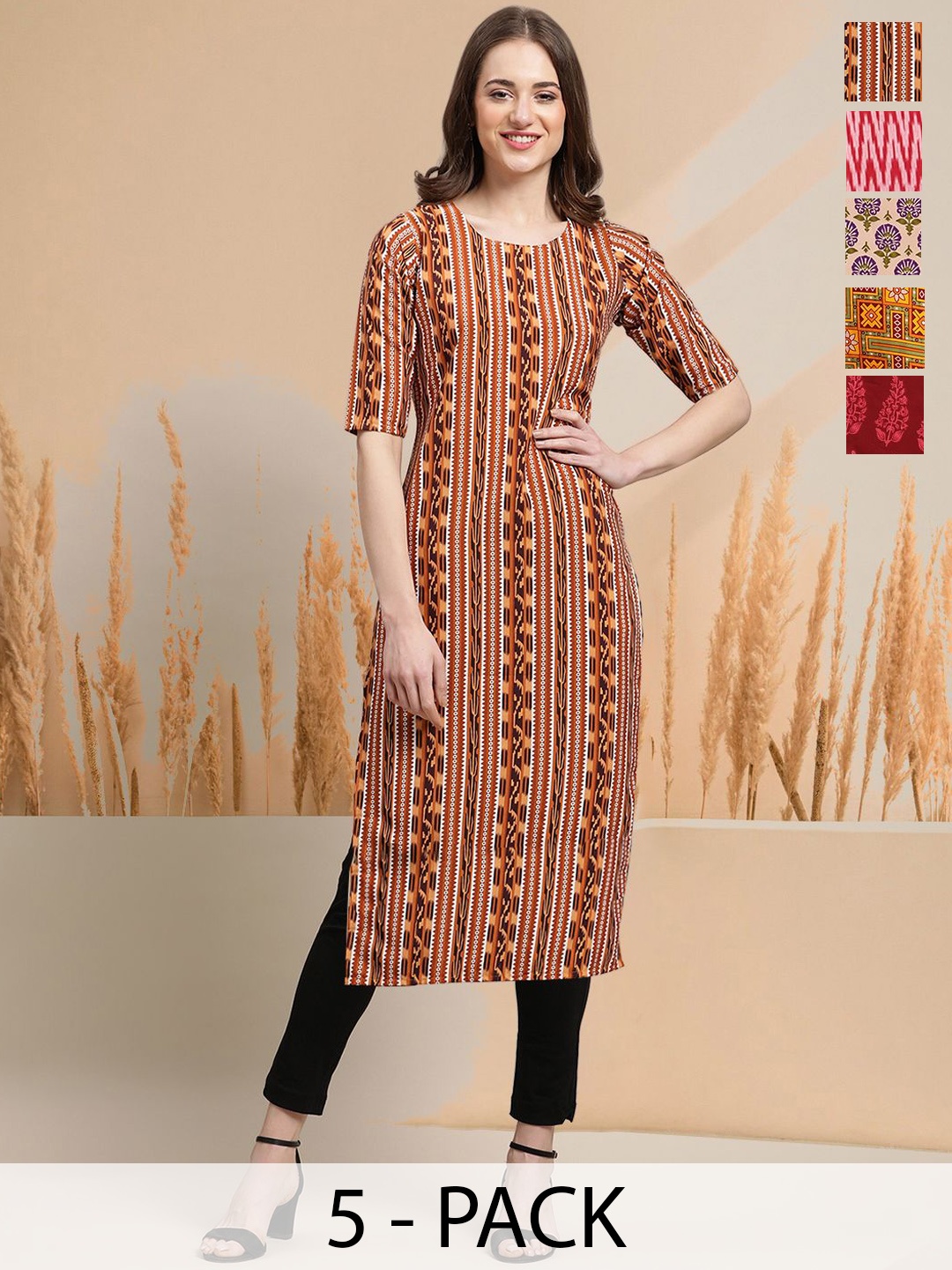 

7Threads Selection Of 5 Floral Printed Round Neck Straight Kurtas, Brown