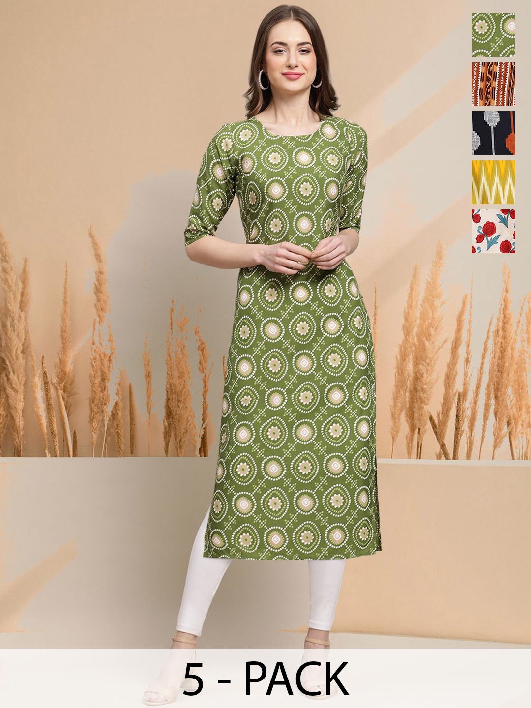 

7Threads Selection of 5 Floral Printed Round Neck Straight Kurtas, Green