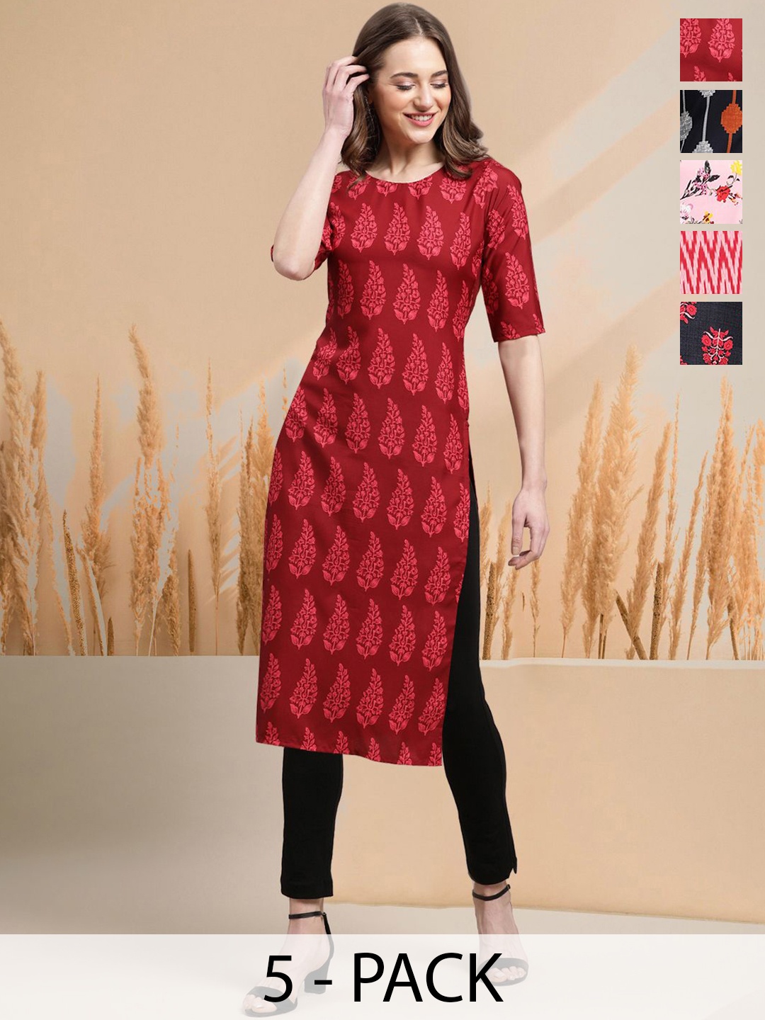 

7Threads Selection Of 5 Floral Printed Round Neck Straight Kurtas, Red