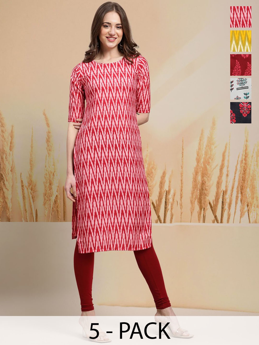 

7Threads Selection of 5 Ethnic Motifs Printed Round Neck Straight Kurtas, Red