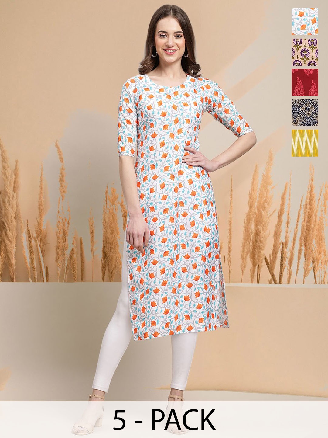 

7Threads Selection Of 5 Floral Printed Round Neck Straight Kurtas, White