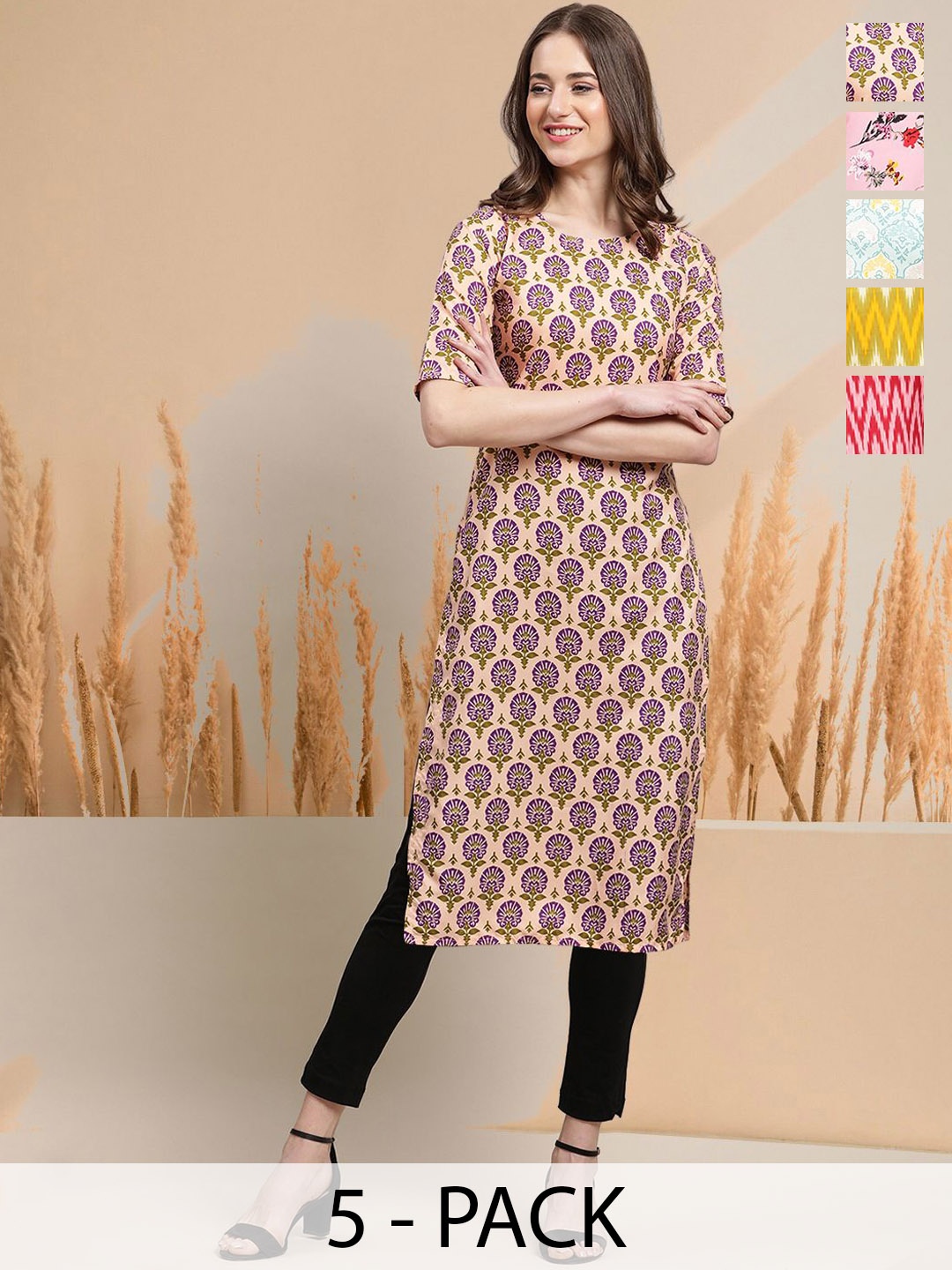 

7Threads Selection Of 5 Floral Printed Round Neck Straight Kurtas, Cream