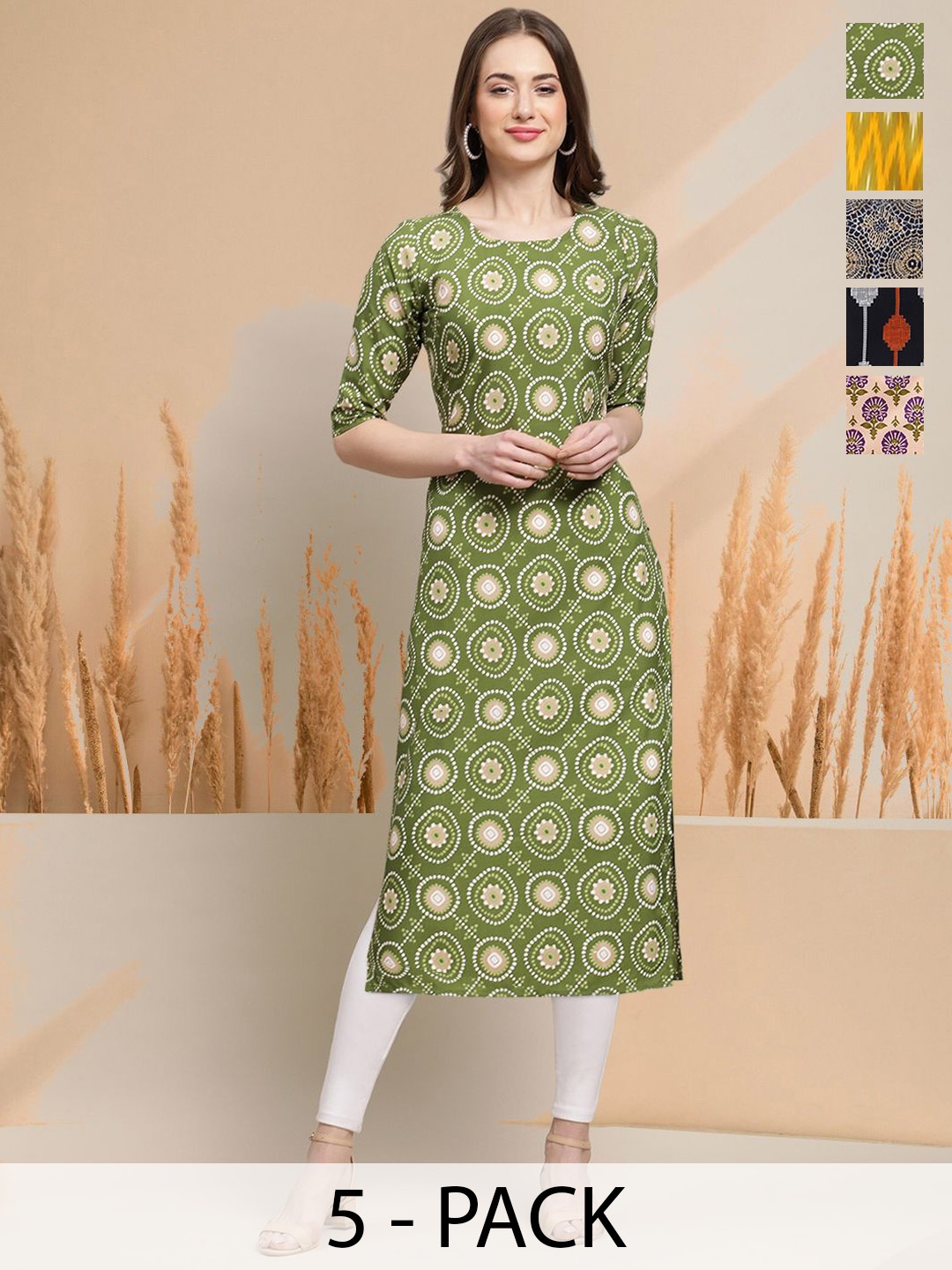 7Threads Selection Of 5 Ethnic Motifs Printed Round Neck Straight Kurtas, Green