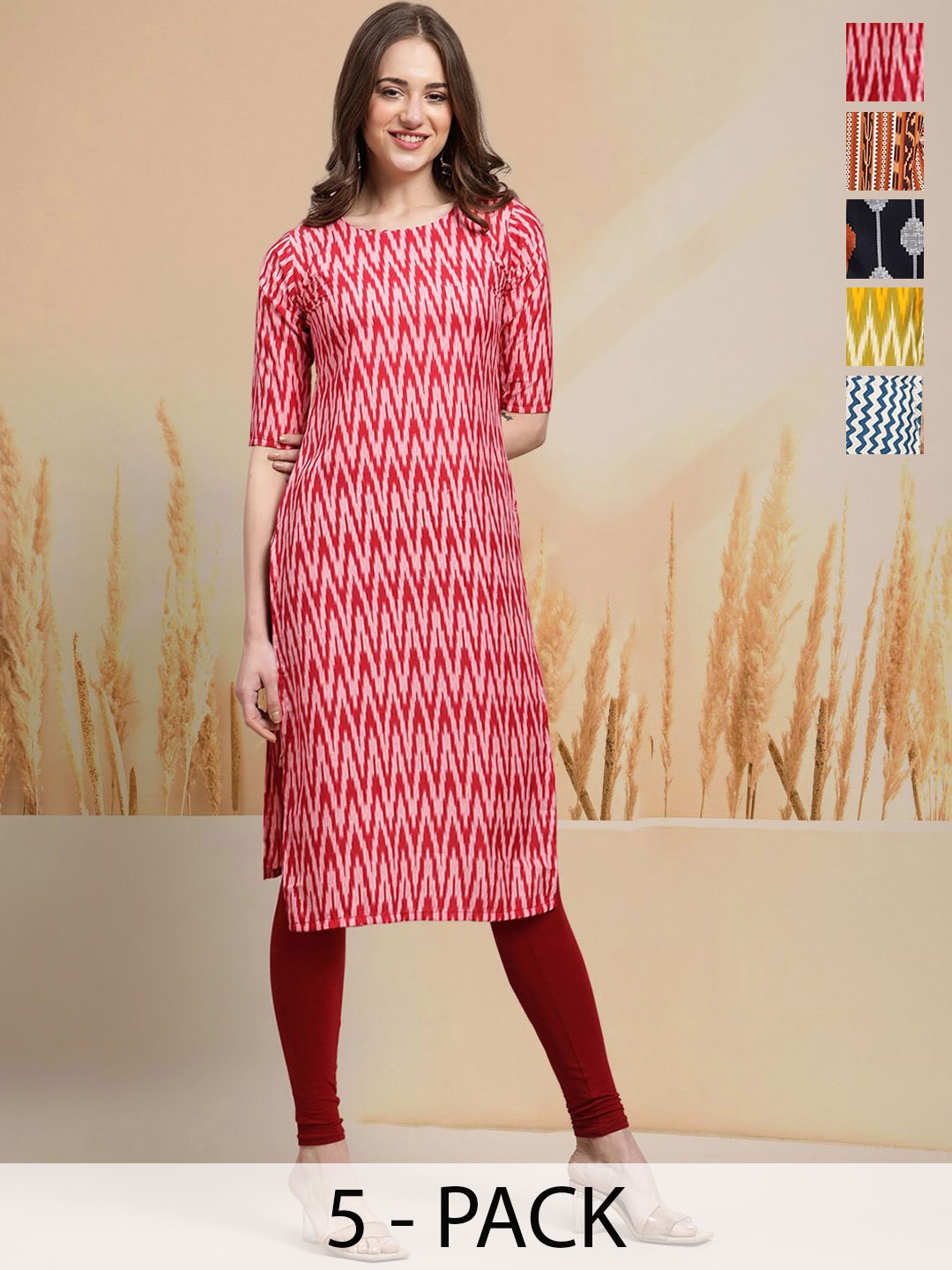 

7Threads Selection Of 5 Floral Printed Straight Kurtas, Red
