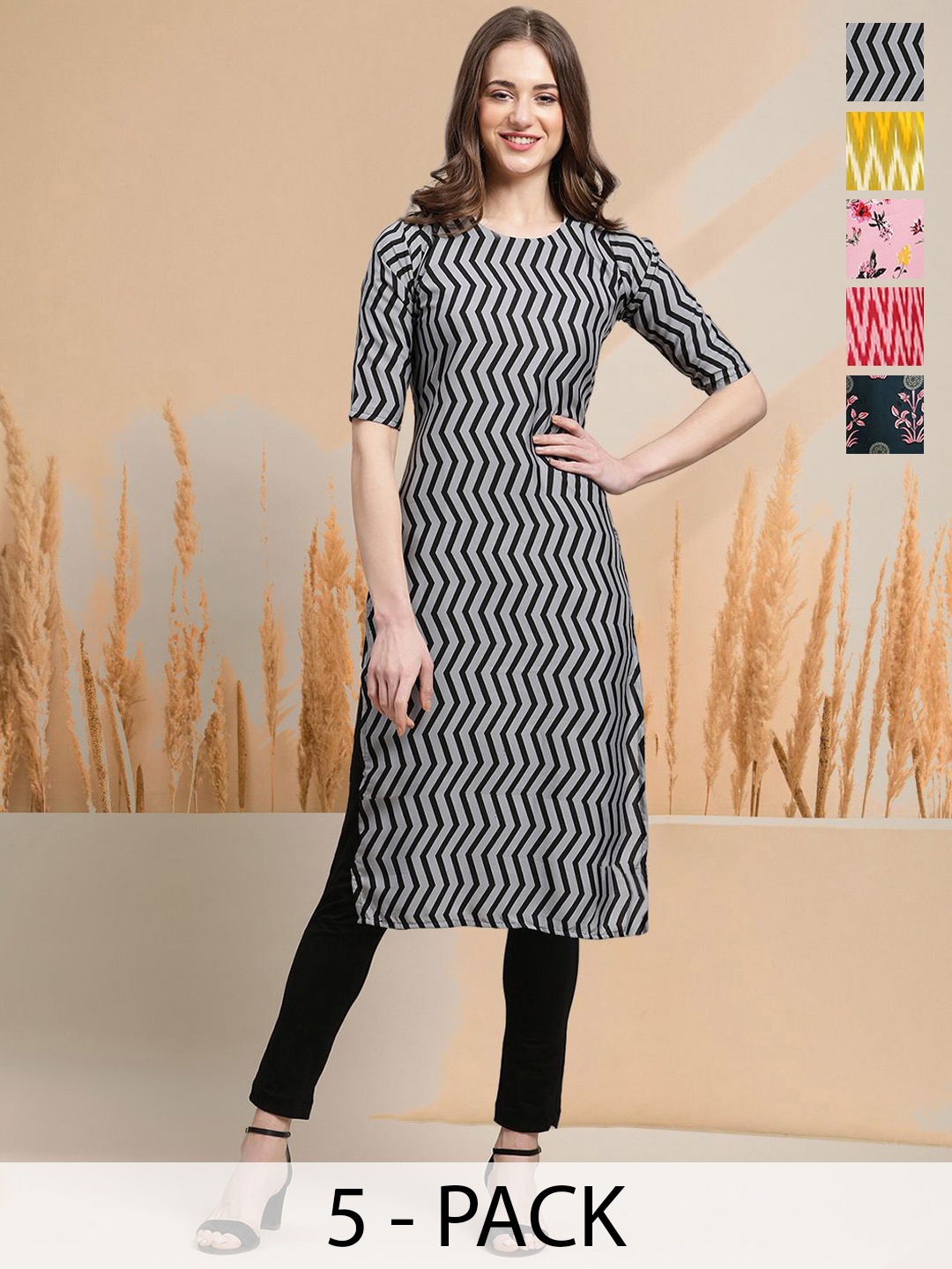 

7Threads Selection Of 5 Ethnic Motifs Printed Round Neck Straight Kurtas, Black