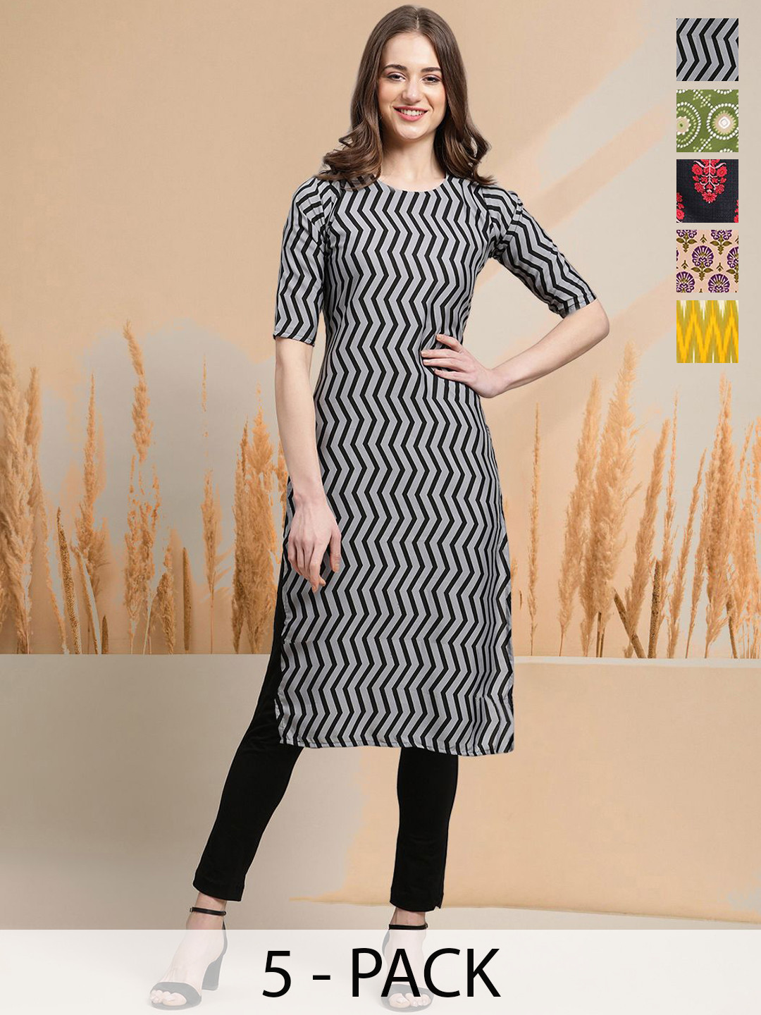 

7Threads Selection of 5 Striped Round Neck Straight Kurtas, Black