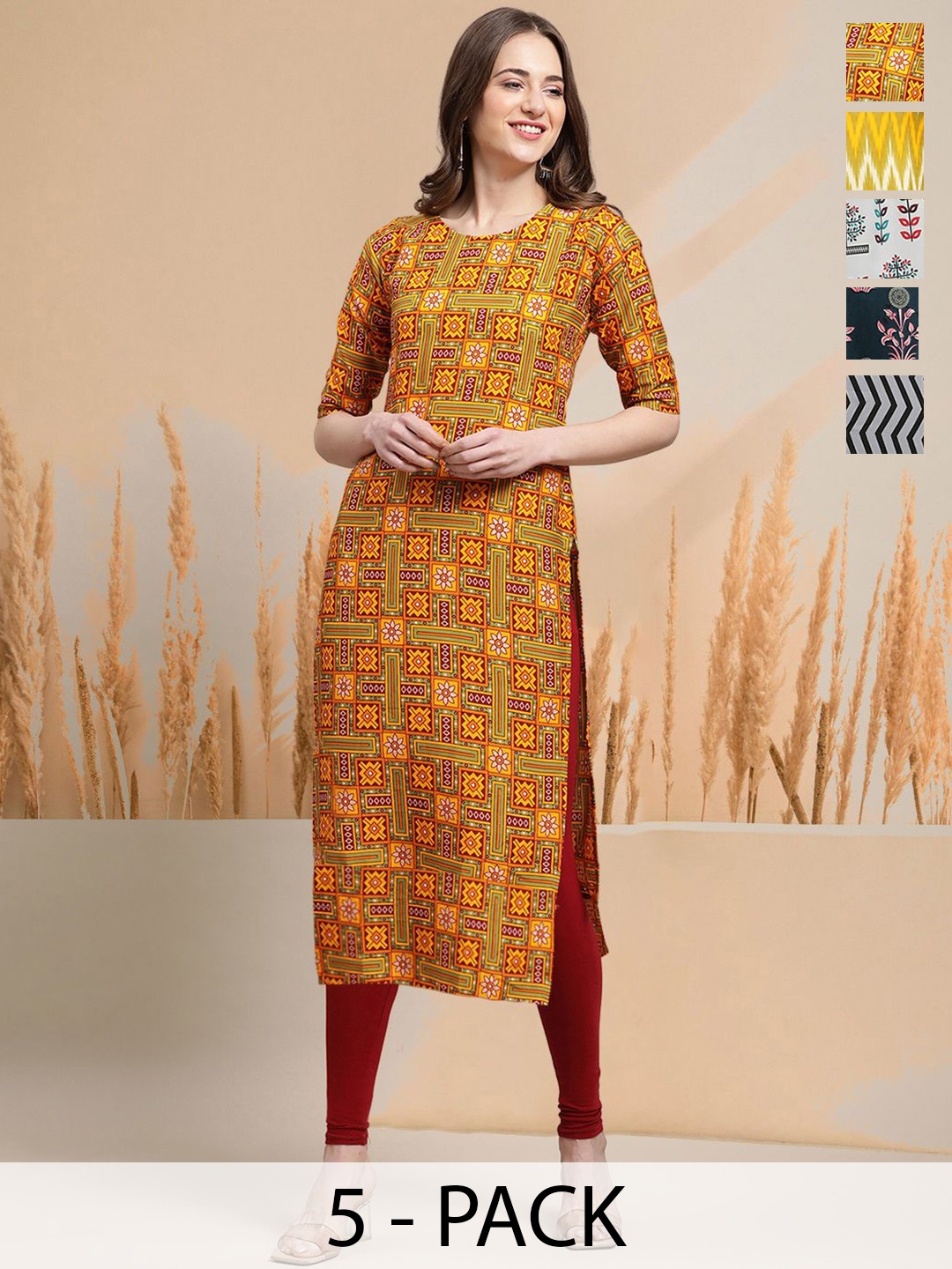 7Threads Selection of 5 Geometric Printed Round Neck Straight Kurtas, Red