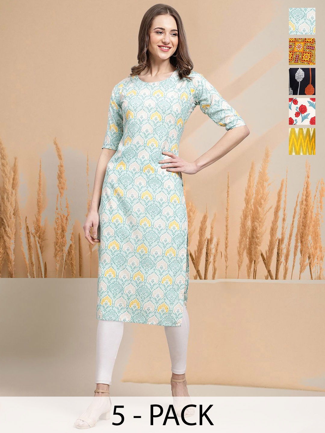 

7Threads Selection Of 5 Ethnic Motifs Printed Round Neck Straight Kurtas, Sea green