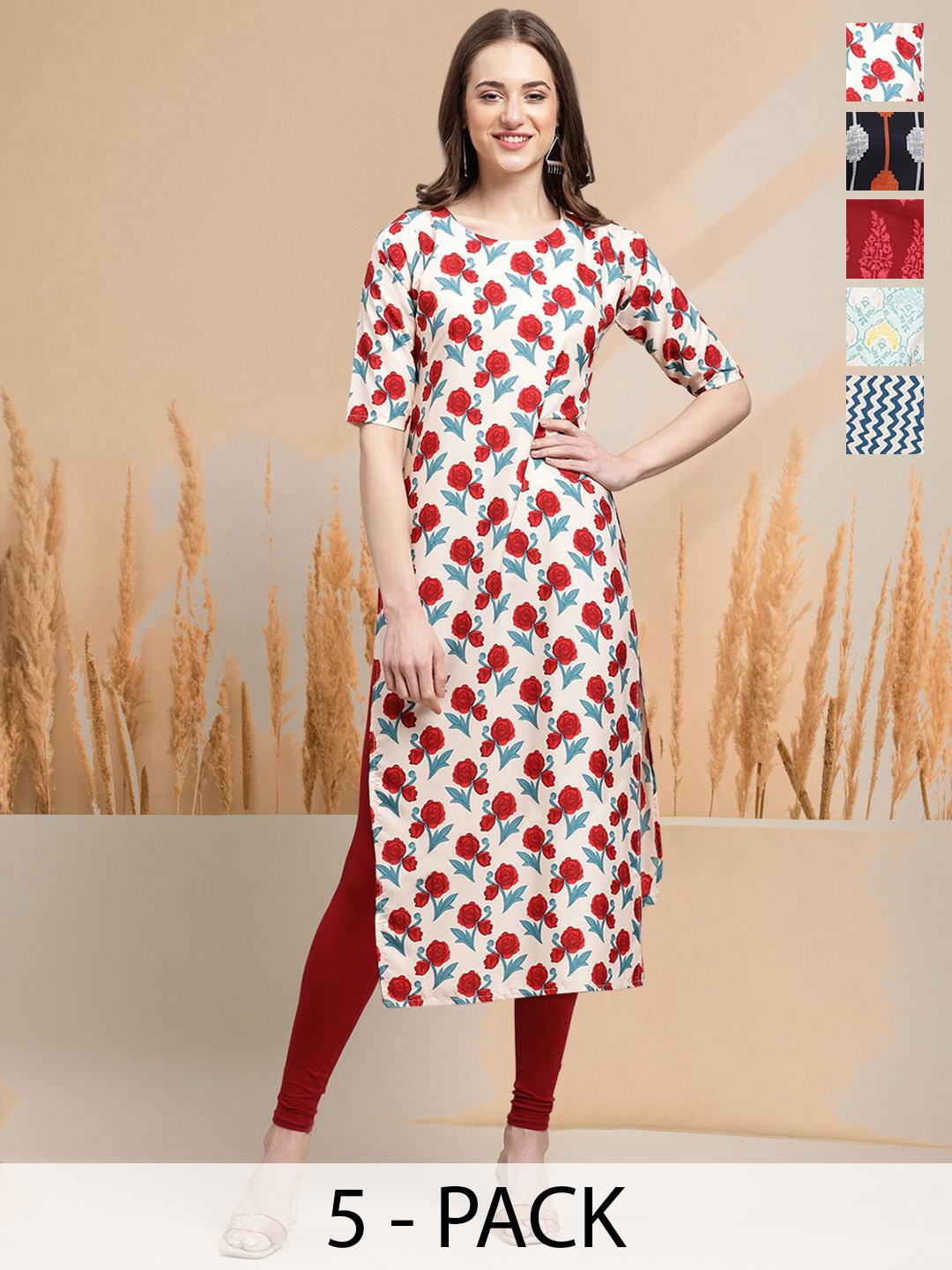 

7Threads Selection of 5 Floral Printed Round Neck Straight Kurtas, White