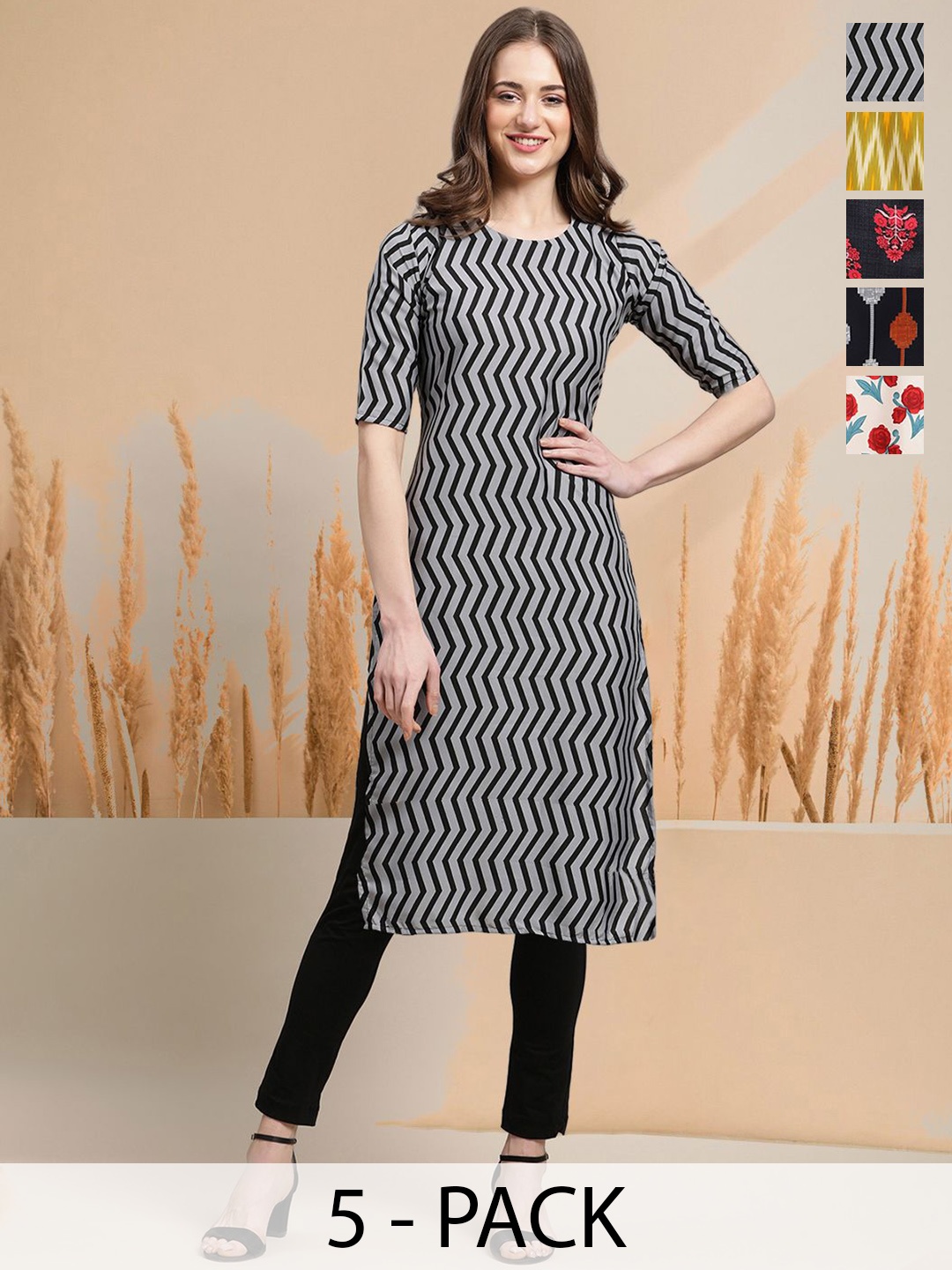 

7Threads Selection of 5 Chevron Printed Round Neck Straight Kurtas, Grey