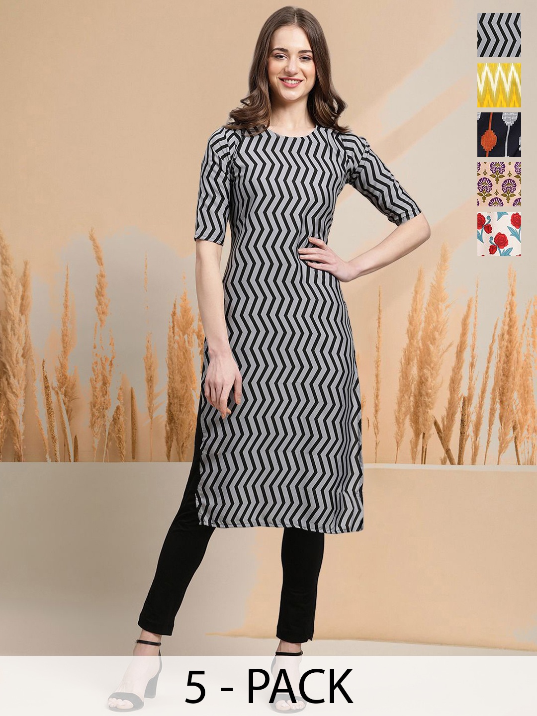 

7Threads Selection Of 5 Chevron Printed Round Neck Straight Kurtas, Grey