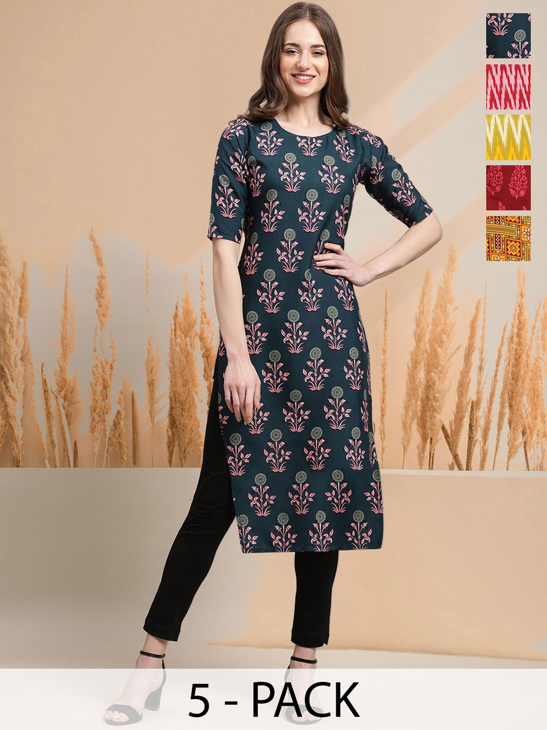 

7Threads Selection Of 5 Ethnic Motifs Printed Round Neck Kurtas, Blue