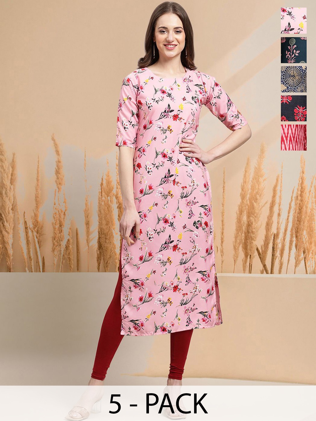 

7Threads Selection Of 5 Floral Printed Round Neck Straight Kurtas, Pink