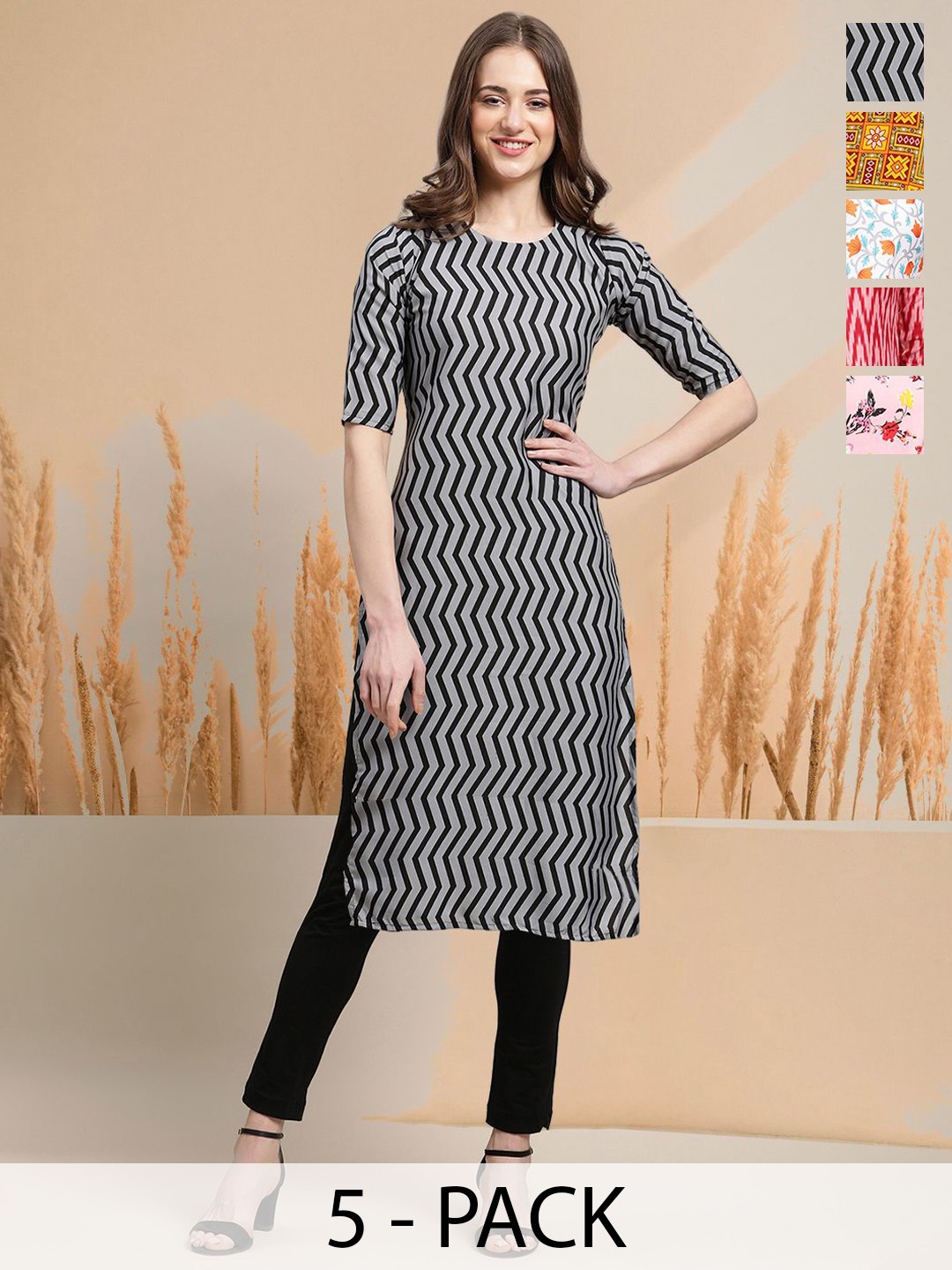 

7Threads Selection Of 5 Floral Printed Round Neck Straight Kurtas, Grey