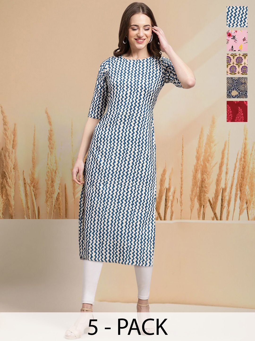 

7Threads Selection Of 5 Chevron Printed Round Neck Straight Kurtas, Blue