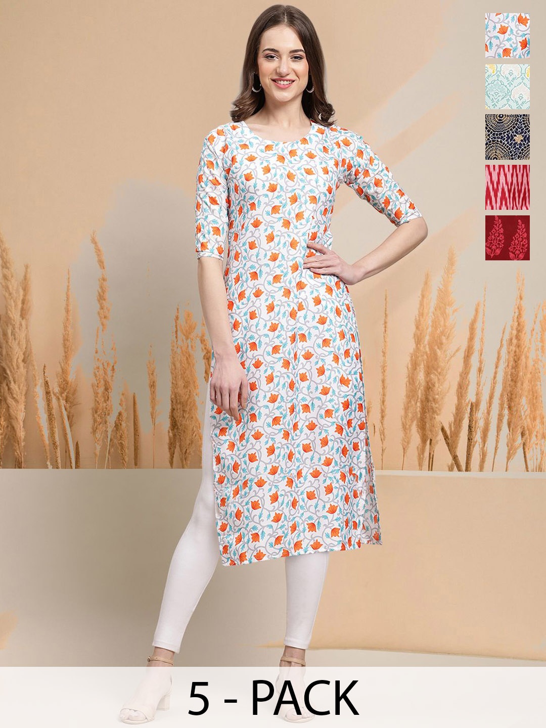 

7Threads Selection Of 5 Floral Printed Round Neck Kurta, White